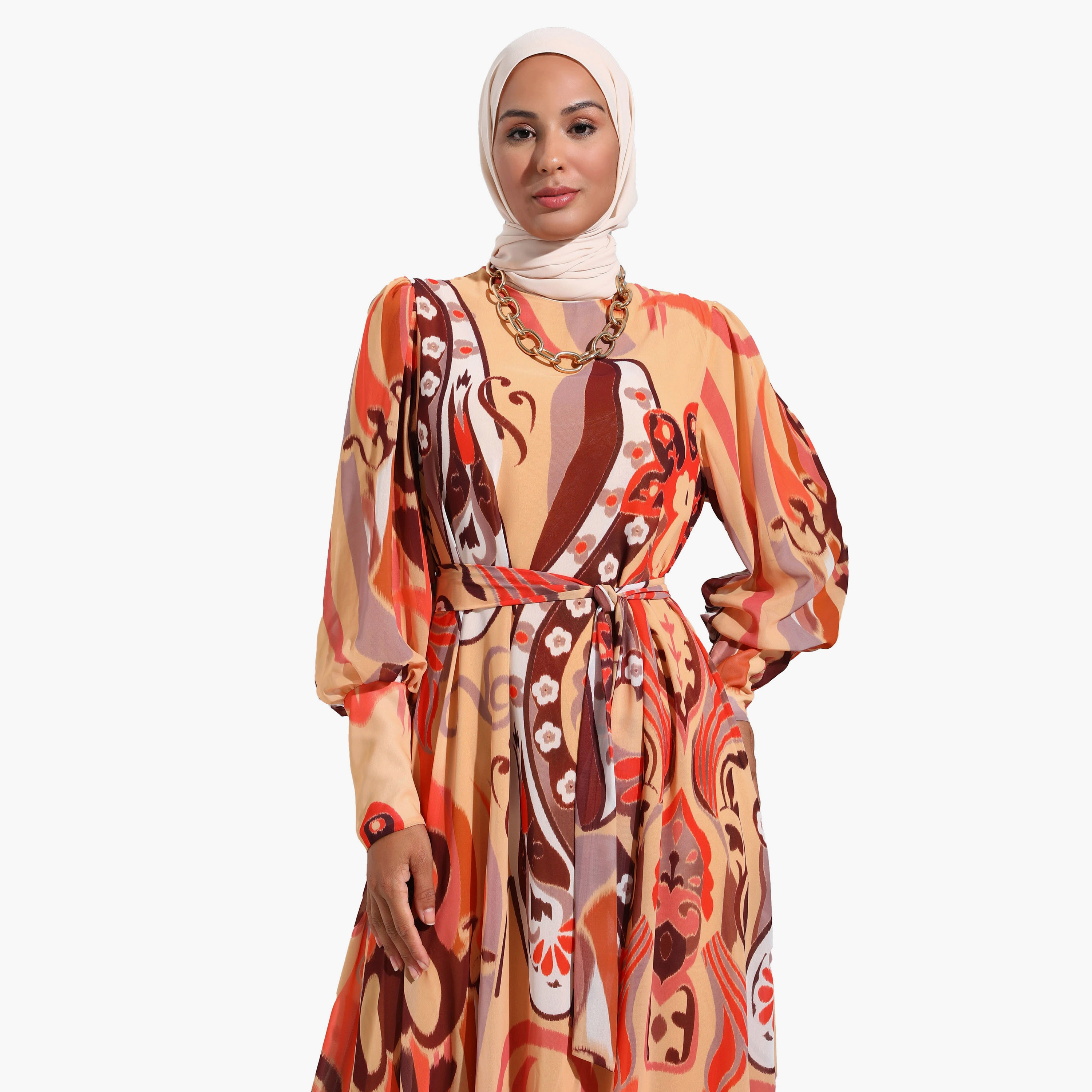 Modanisa Printed Crew Neck Tie Belt Back Zippered Modest Dress-women-clothing-dresses-image-3