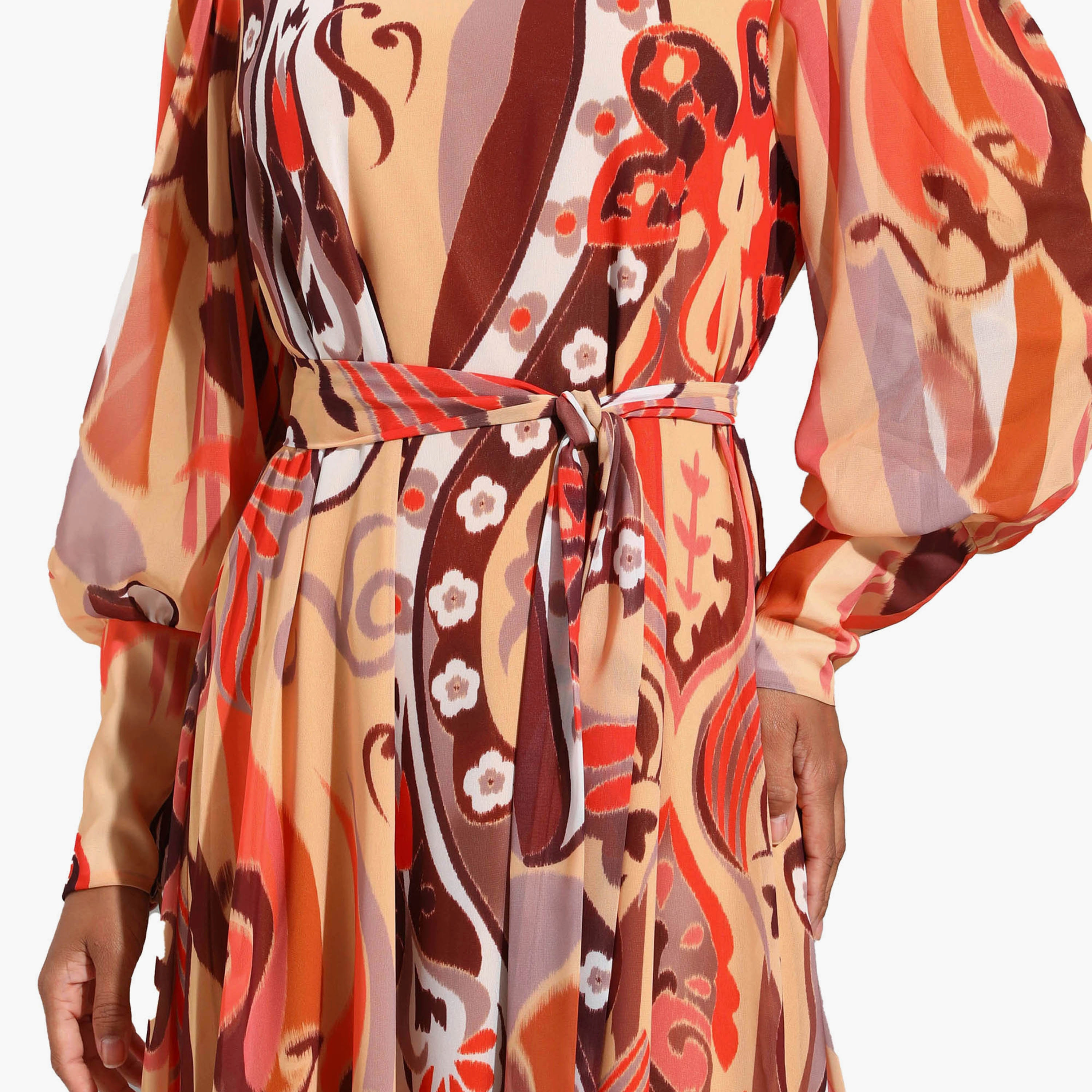 Modanisa Printed Crew Neck Tie Belt Back Zippered Modest Dress-women-clothing-dresses-image-4