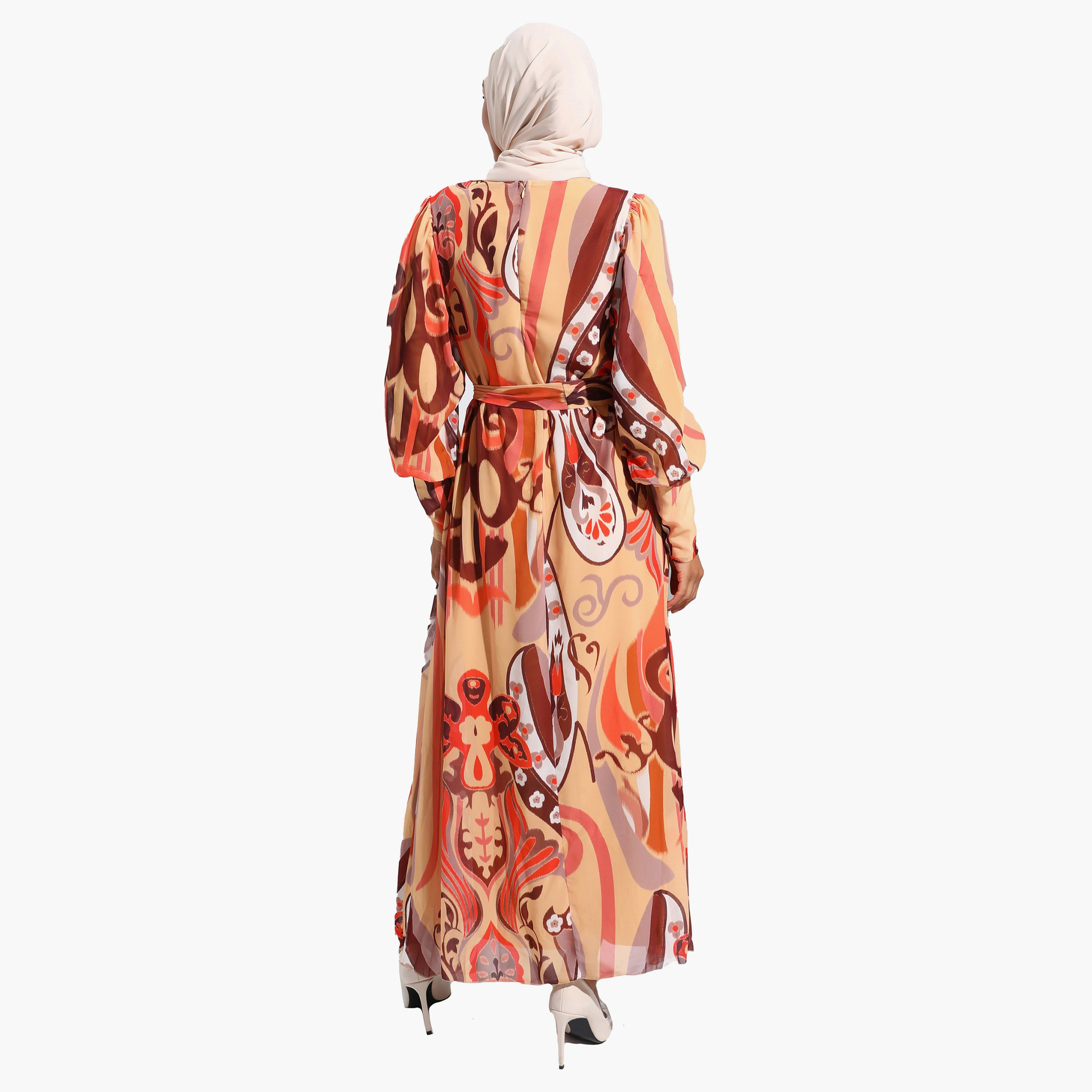 Modanisa Printed Crew Neck Tie Belt Back Zippered Modest Dress-women-clothing-dresses-image-5