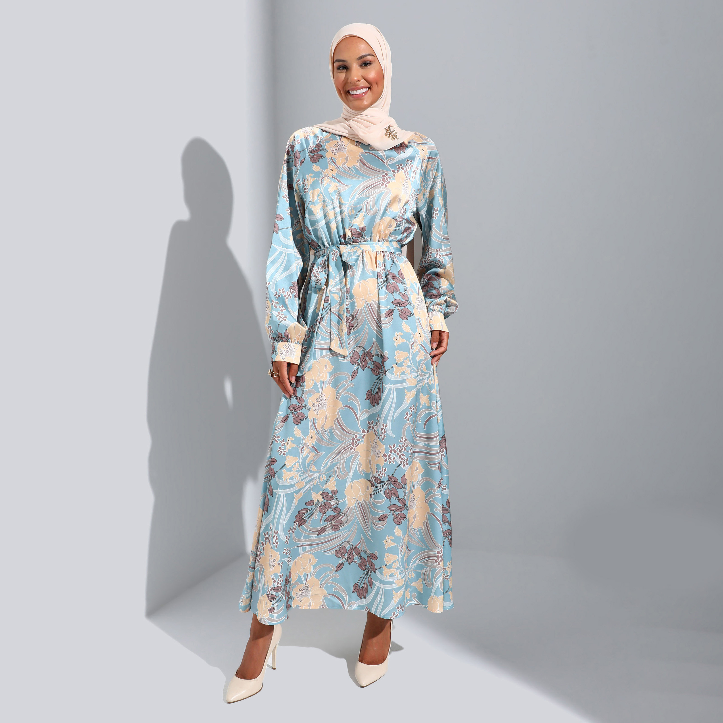 Modanisa Printed Crew Neck Front Tie-Up Belted Dress-women-clothing-dresses-image-1