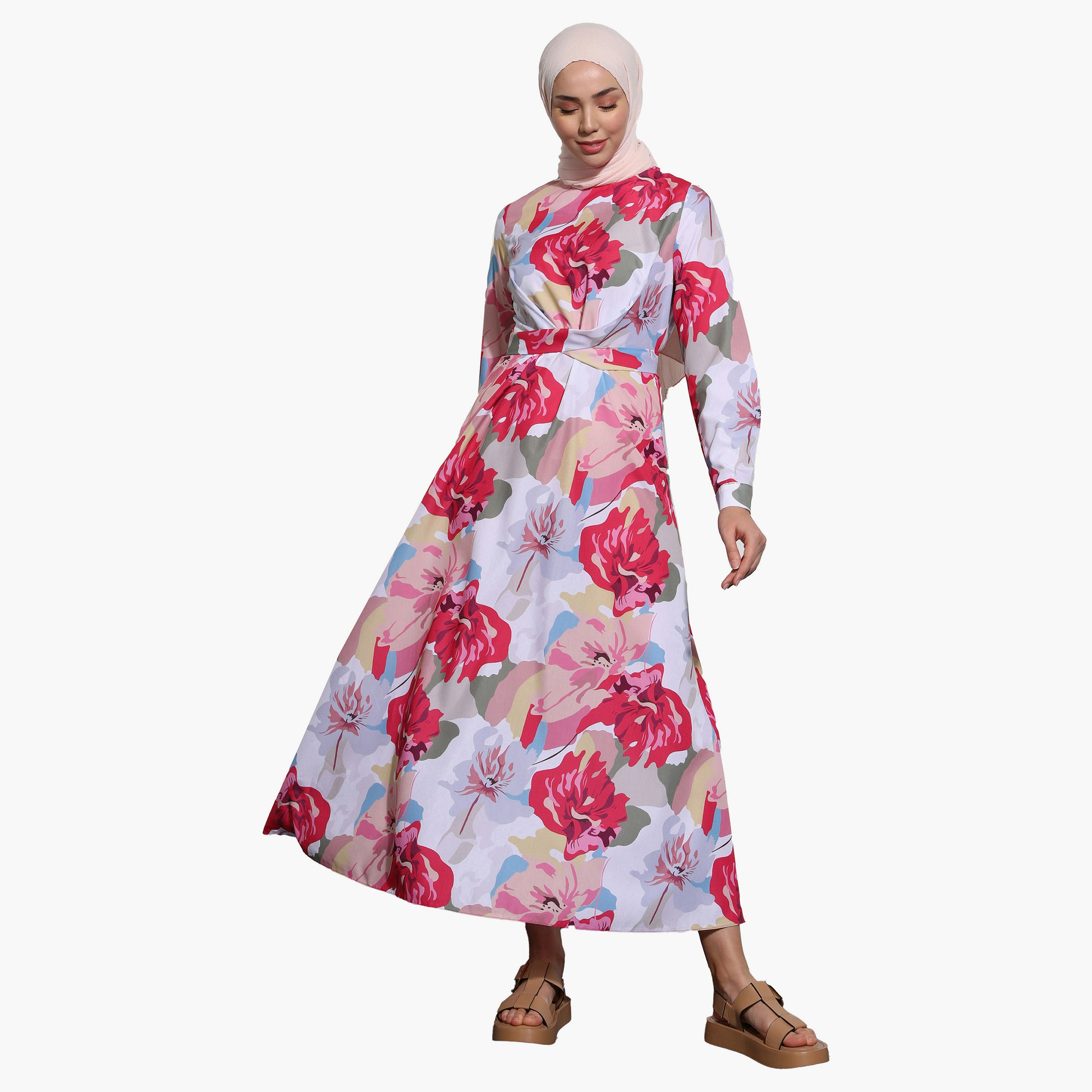 فستان متواضع مزين بالزهور ورقبة دائرية مع رباط خلفي من مودانيسا-women-clothing-dresses-image-1