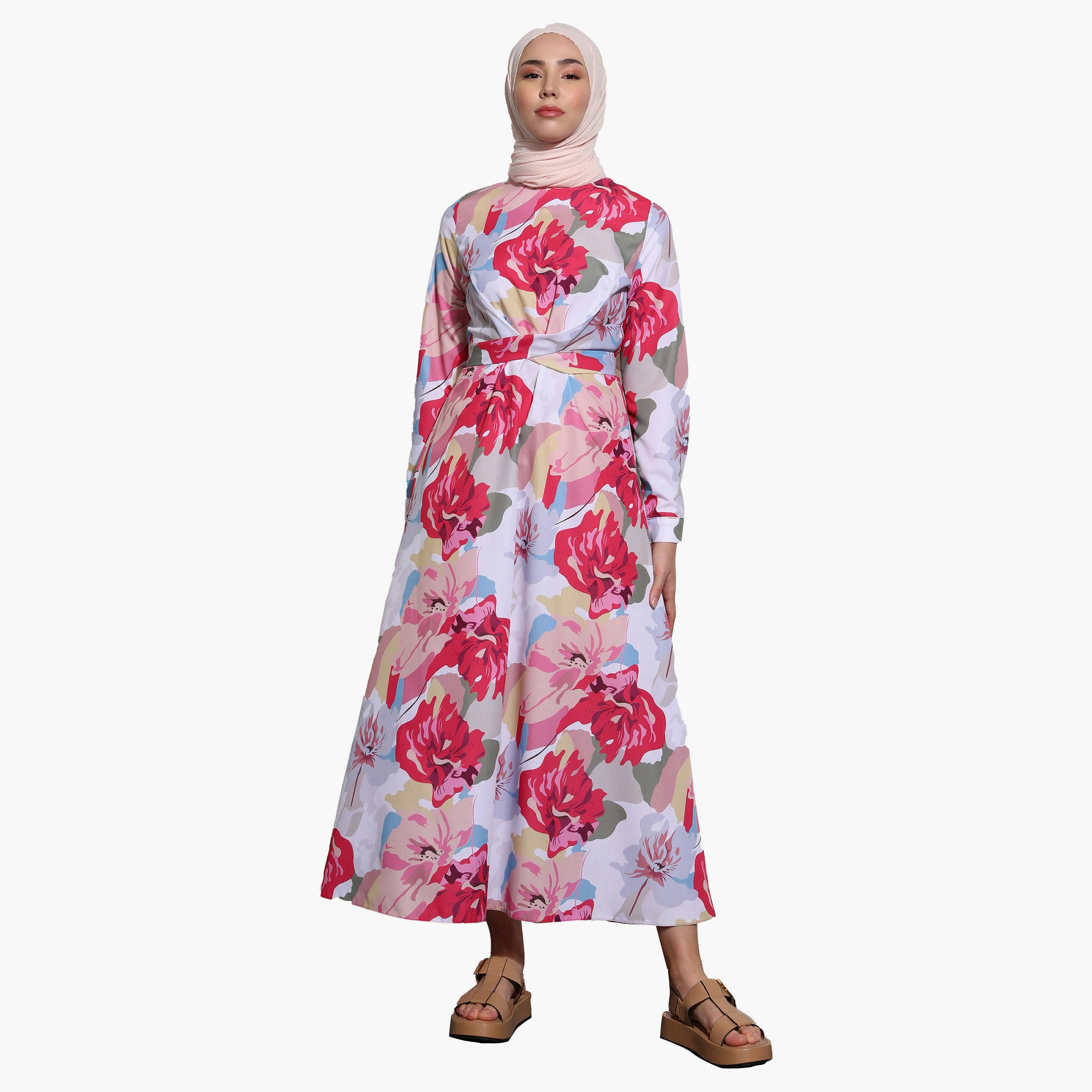 فستان متواضع مزين بالزهور ورقبة دائرية مع رباط خلفي من مودانيسا-women-clothing-dresses-image-2