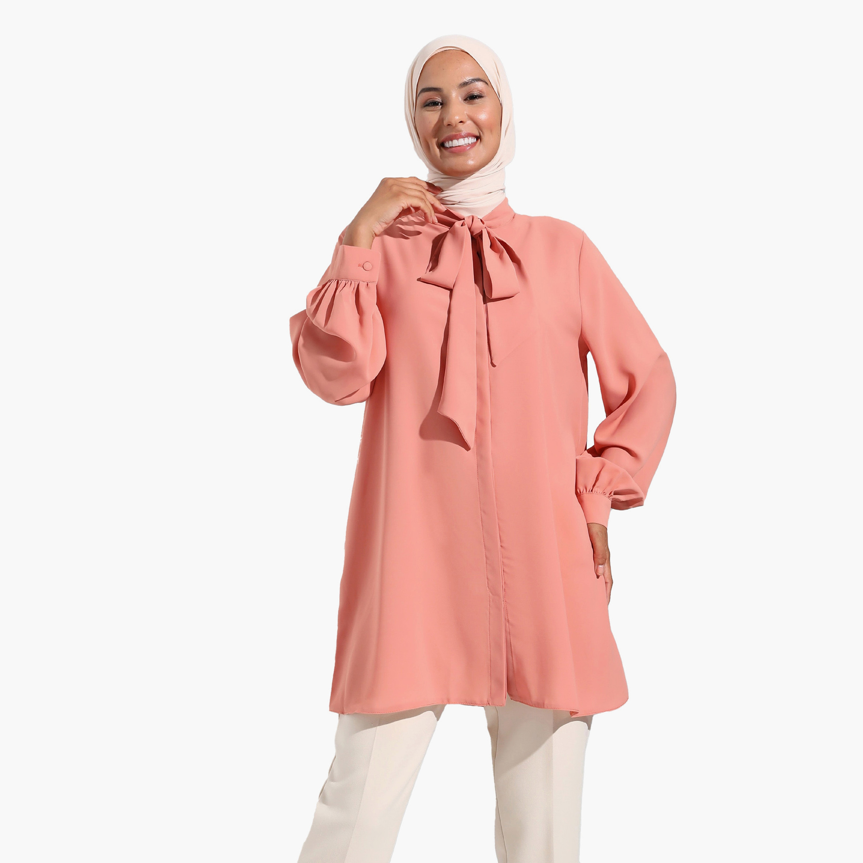 تونيك سادة بأكمام طويلة ورقبة مربوطة من مودانيسا-women-clothing-shirtsandblouses-blouses-image-1