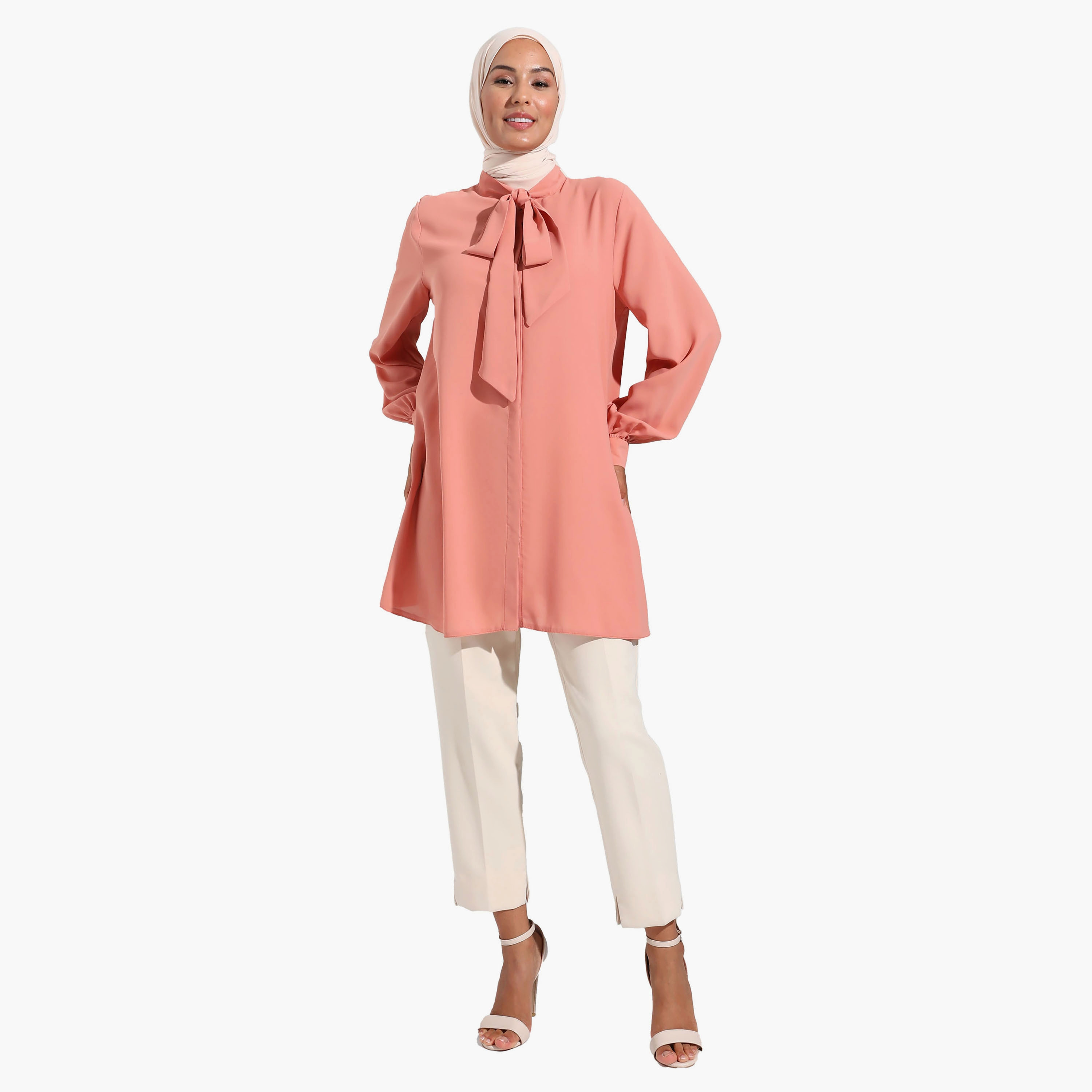 تونيك سادة بأكمام طويلة ورقبة مربوطة من مودانيسا-women-clothing-shirtsandblouses-blouses-image-2