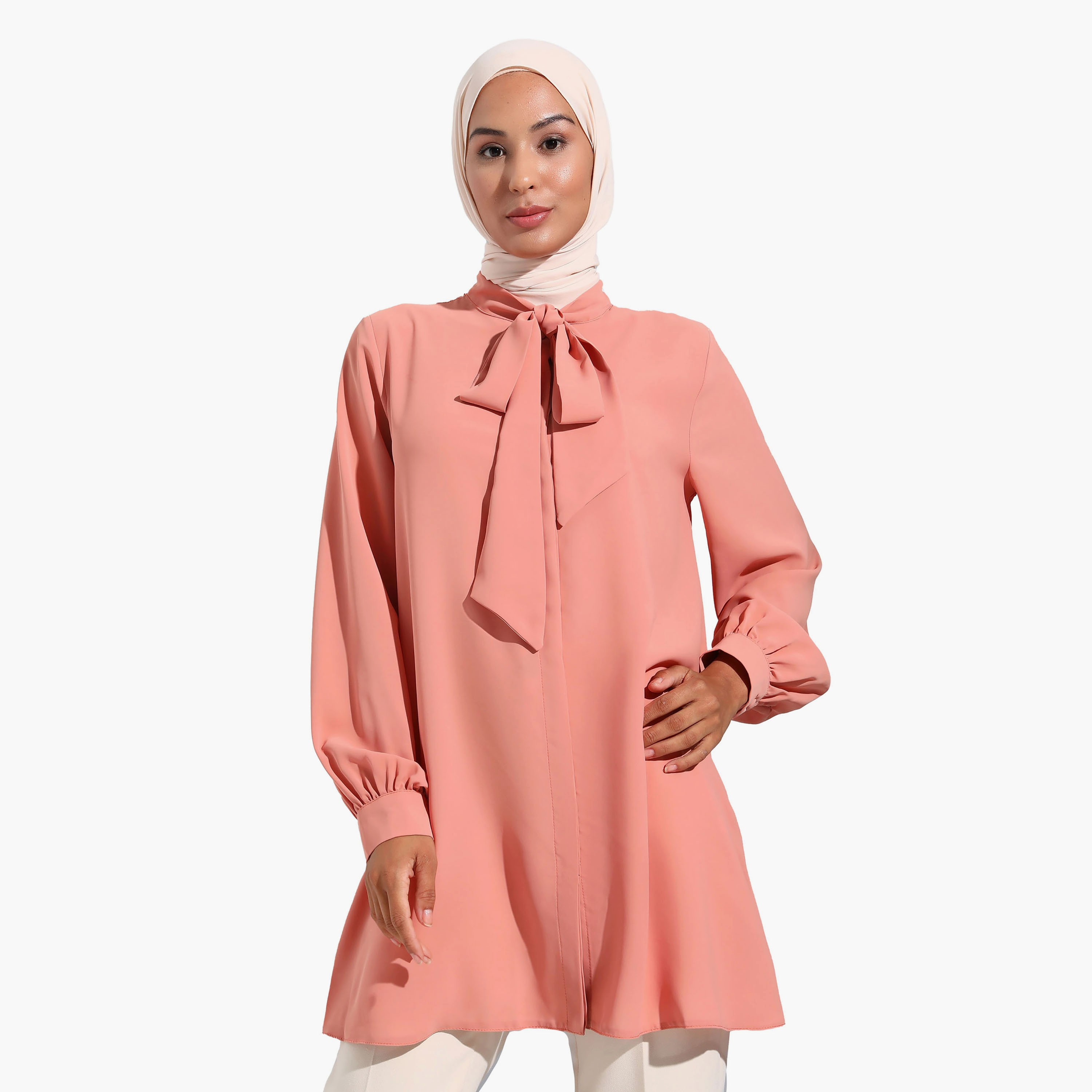 Modanisa Plain Tie Neck Long Sleeves Tunic-women-clothing-shirtsandblouses-blouses-image-3