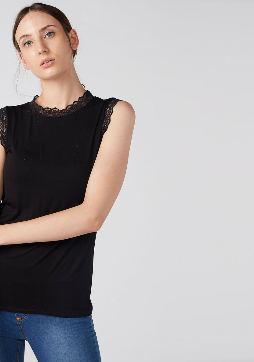 Elle Embellished Sleeveless Top with Round Neck and Lace Detail-Shirts & Blouses-image-1