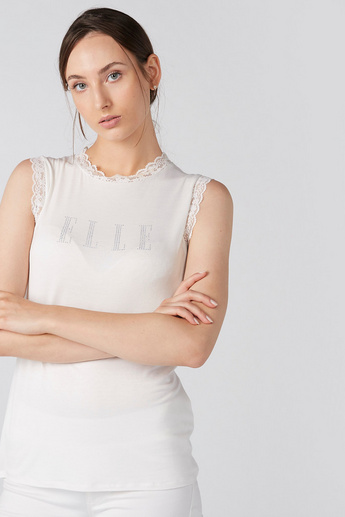 Elle Embellished Sleeveless Top with Round Neck and Lace Detail