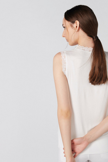 Elle Embellished Sleeveless Top with Round Neck and Lace Detail