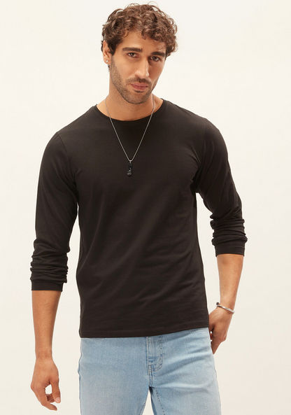 Solid T-shirt with Crew Neck and Long Sleeves-T Shirts-image-2