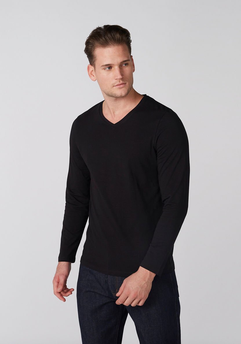 Plain T-shirt with V-neck and Long Sleeves-T Shirts-image-0