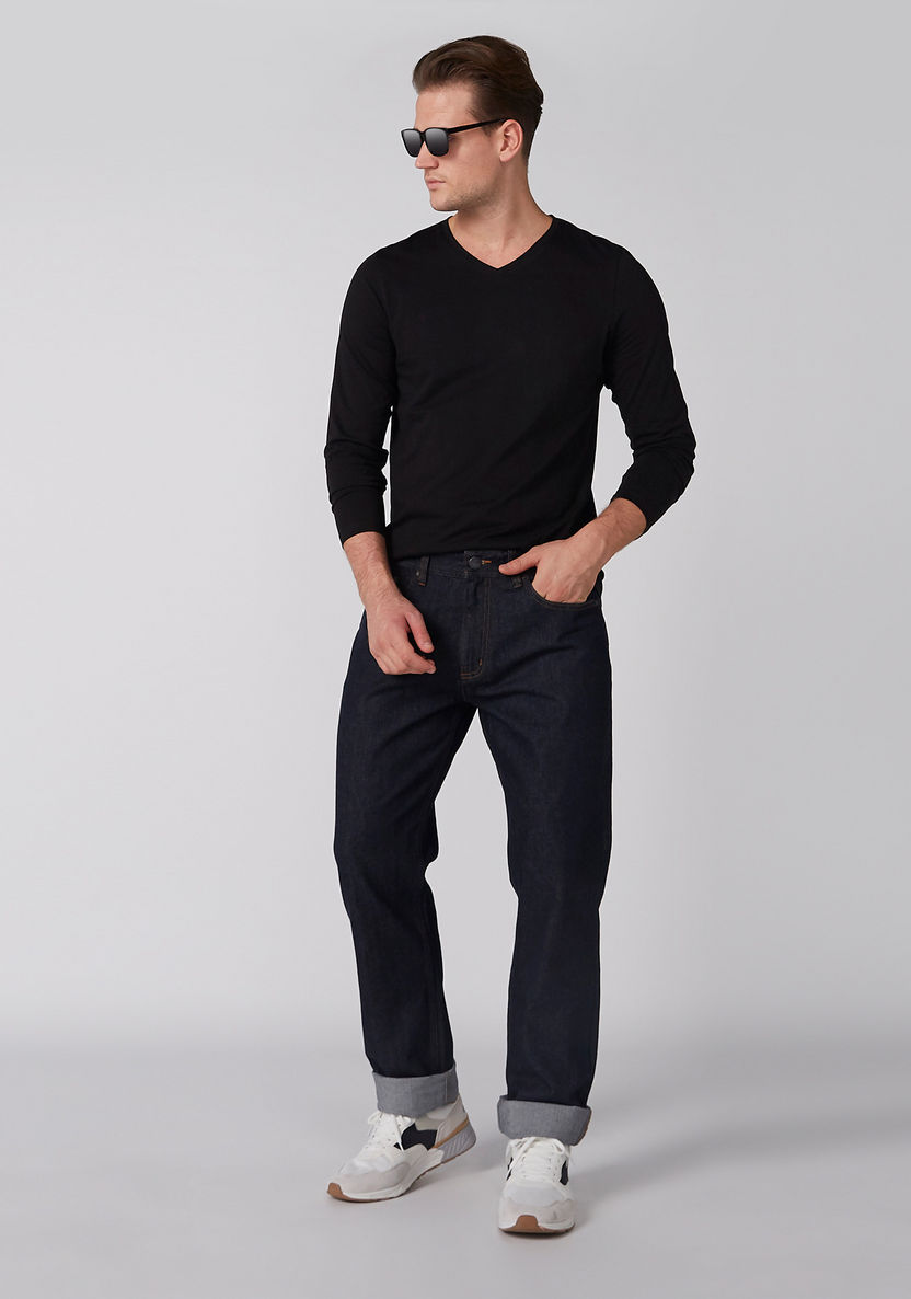 Plain T-shirt with V-neck and Long Sleeves-T Shirts-image-1