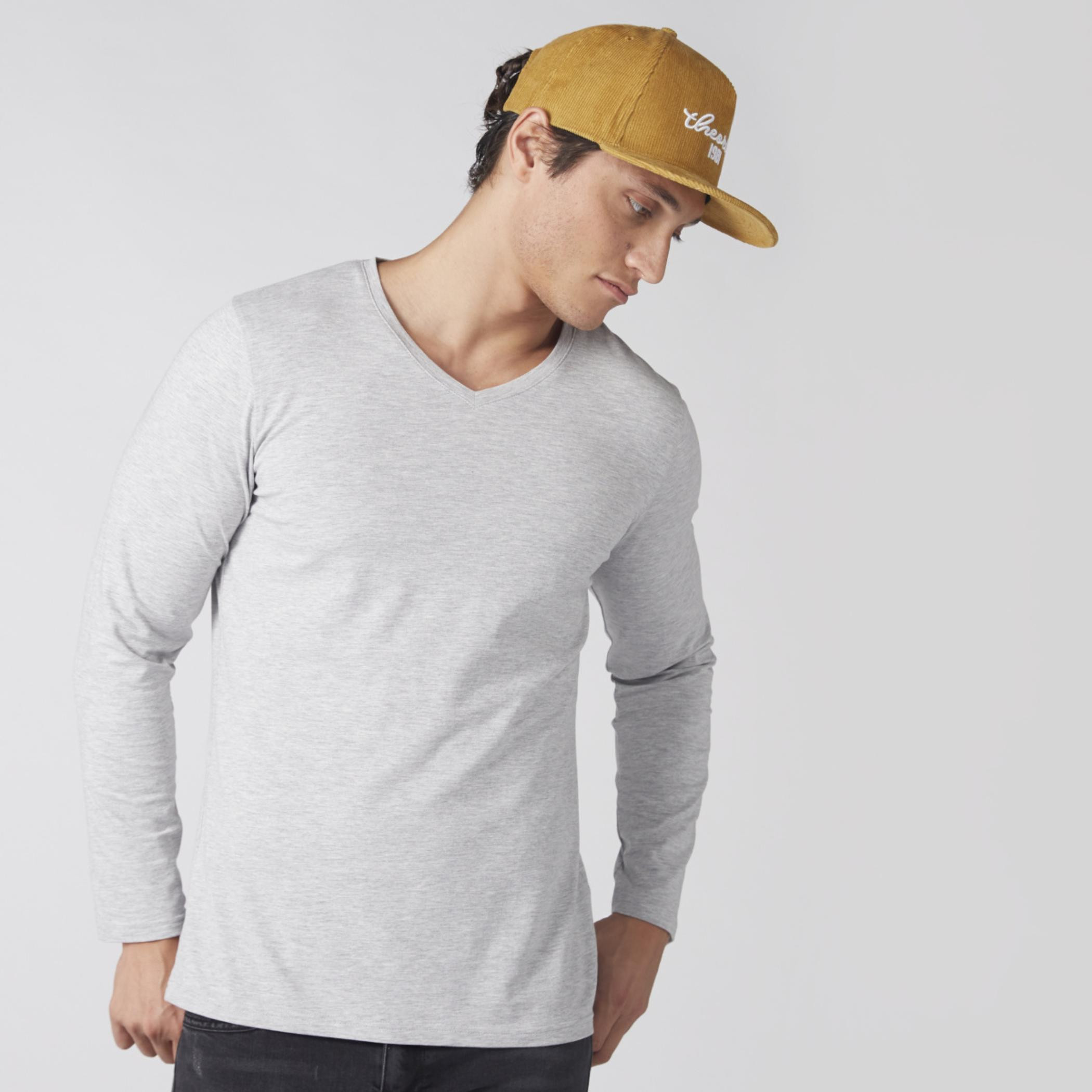 Plain Slim Fit T shirt with V neck and Long Sleeves