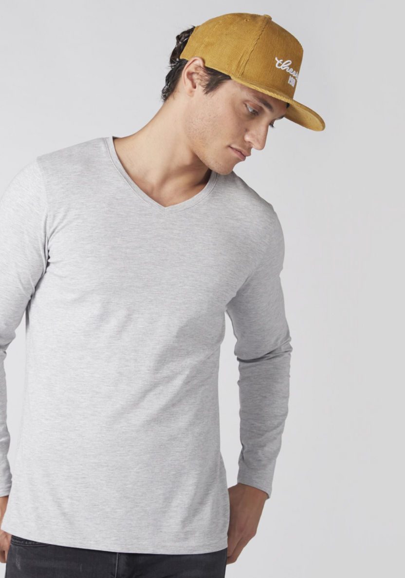 Plain T-shirt with V-neck and Long Sleeves-T Shirts-image-0