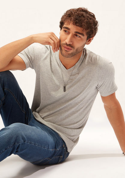 Plain T-shirt with V-neck and Short Sleeves-T Shirts-image-0