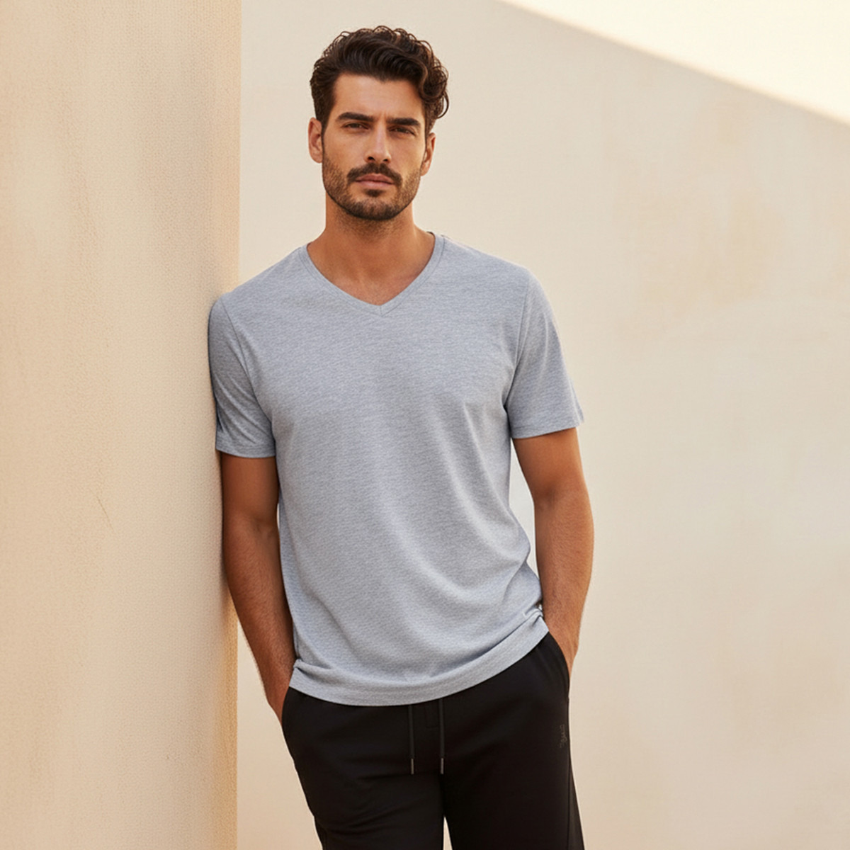 Slim Fit V-Neck T-shirt with Short Sleeves-men-clothing-tshirtsandpolos-tshirts-image-1
