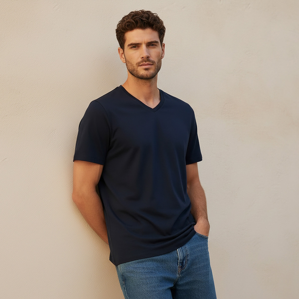Slim Fit V-Neck T-shirt with Short Sleeves-men-clothing-tshirtsandpolos-tshirts-image-1