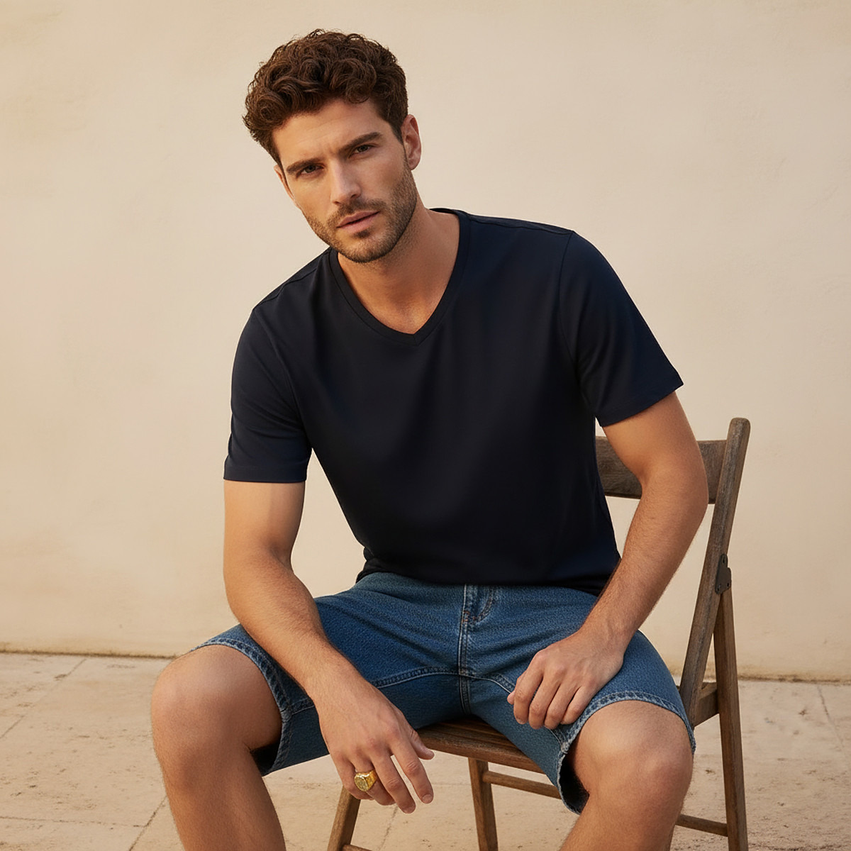 Slim Fit V-Neck T-shirt with Short Sleeves-men-clothing-tshirtsandpolos-tshirts-image-5