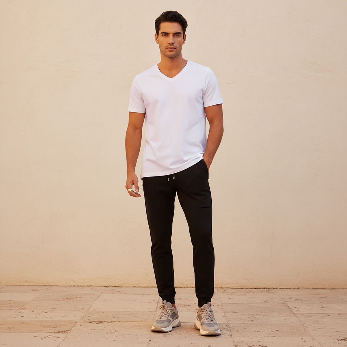 Slim Fit V-Neck T-shirt with Short Sleeves-men-clothing-tshirtsandpolos-tshirts-image-3