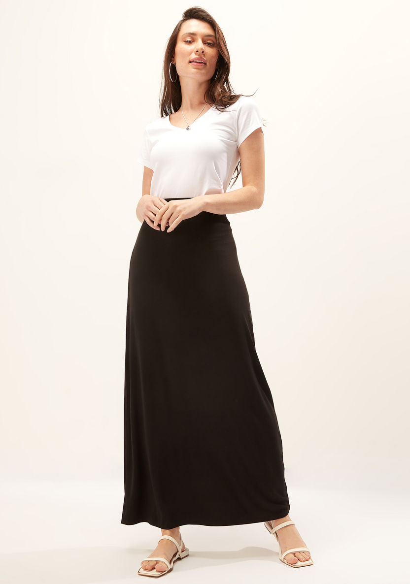 Solid Maxi A-line Skirt with Elasticised Waistband-Skirts-image-1