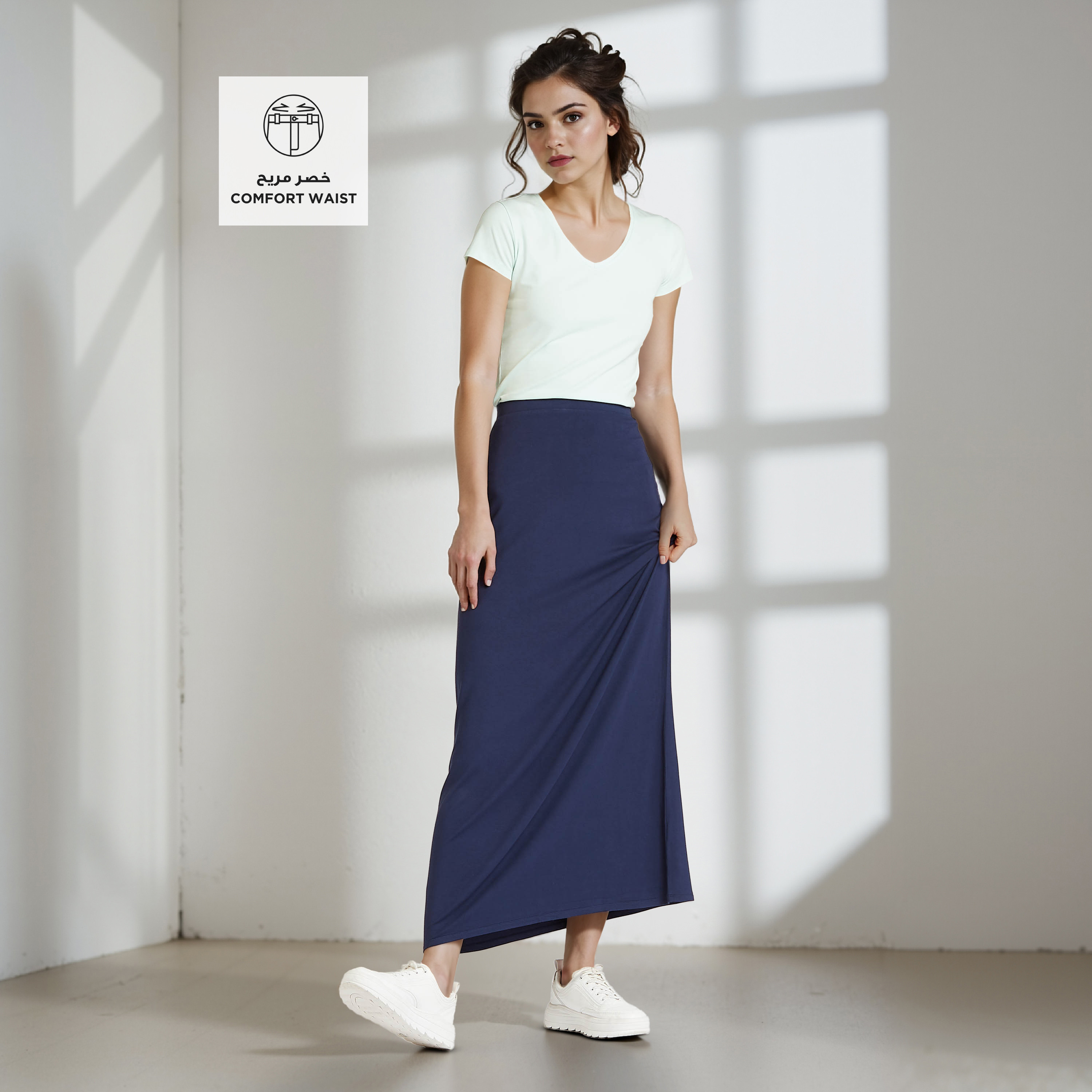 تنورة طويلة إيه لاين بخصر مطّاطي-women-clothing-bottoms-skirts-image-2
