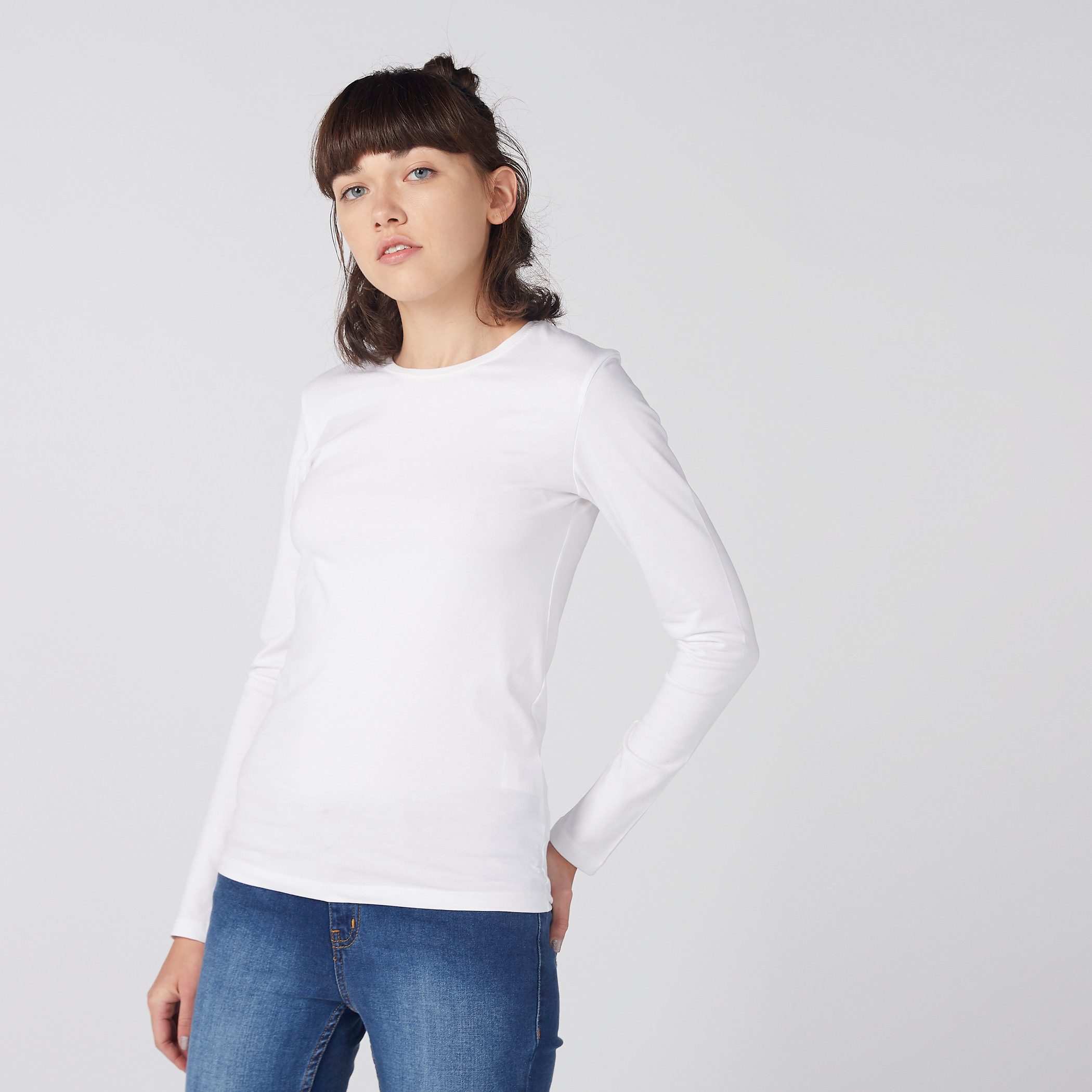 Plain T-shirt with Crew Neck and Long Sleeves-women-clothing-tshirts-image-2