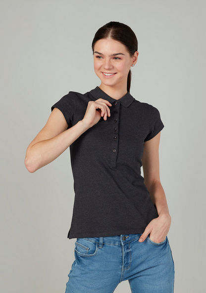 Plain T-shirt with Polo Neck and Cap Sleeves
