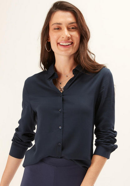 Solid Shirt with Spread Collar and Long Sleeves-Shirts & Blouses-image-0