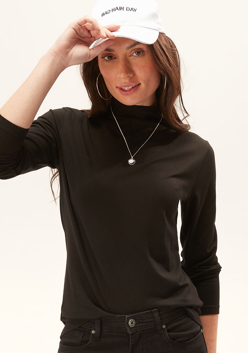Solid T-shirt with High Neck and Long Sleeves-T Shirts-image-2