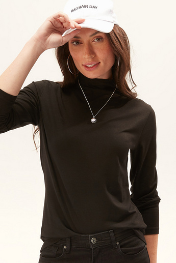 Solid T-shirt with High Neck and Long Sleeves