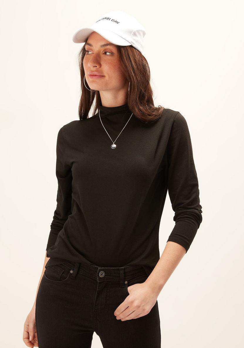 Solid T-shirt with High Neck and Long Sleeves-T Shirts-image-4