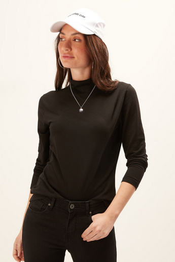 Solid T-shirt with High Neck and Long Sleeves
