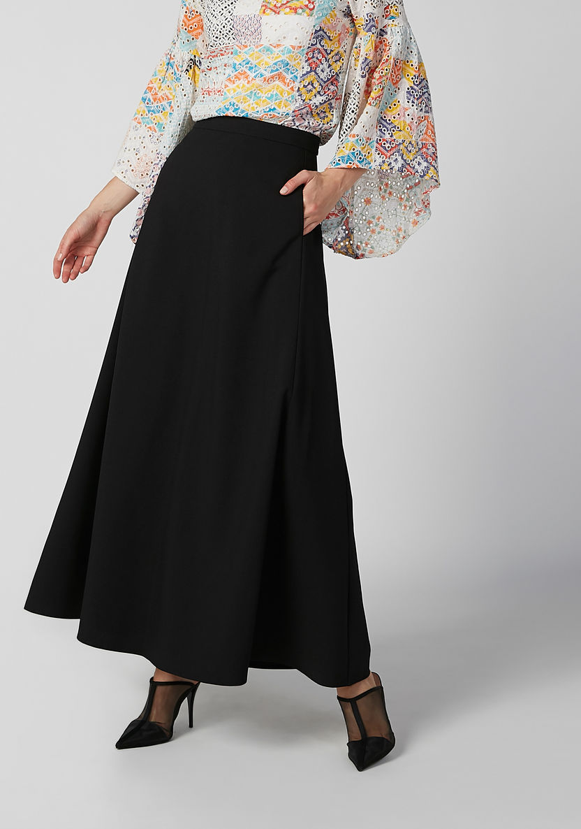 Plain Maxi A-line Skirt with Elasticised Waistband and Pocket Detail-Skirts-image-0