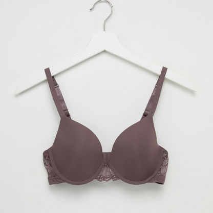 Padded Plunge Bra with Lace Detail and Hook and Eye Closure
