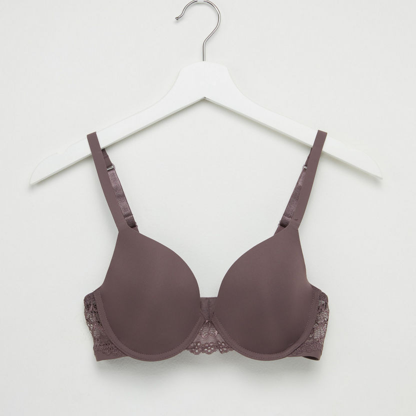 Padded Plunge Bra with Lace Detail and Hook and Eye Closure-Bras-image-0