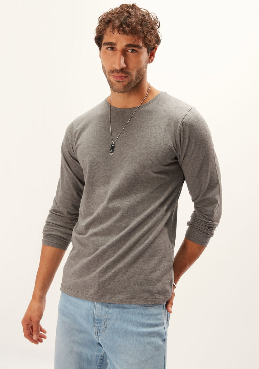 Solid T-shirt with Crew Neck and Long Sleeves-T Shirts-image-1