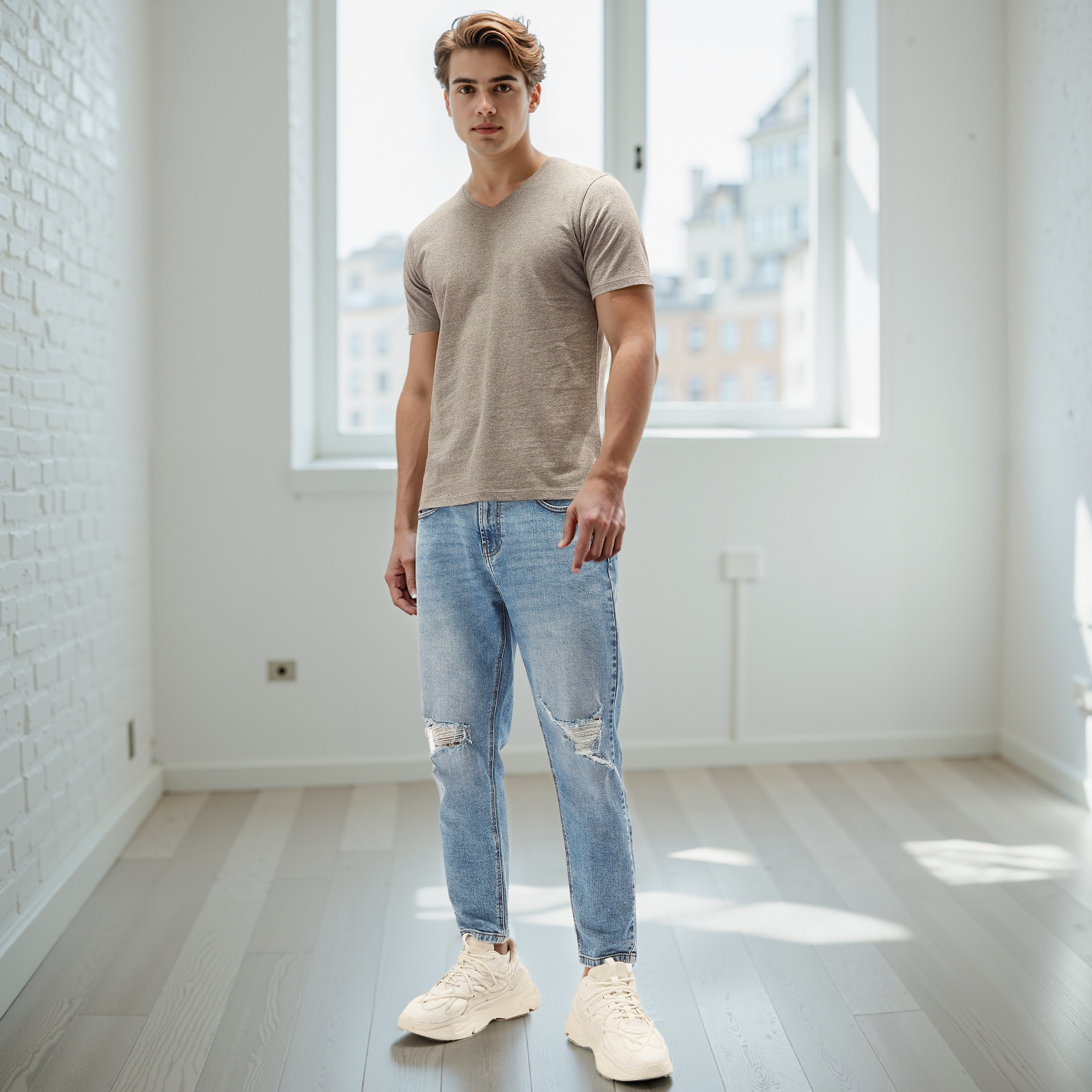 تيشيرت بقصّة سليم وياقة V وأكمام قصيرة-men-clothing-tshirtsandpolos-tshirts-image-3