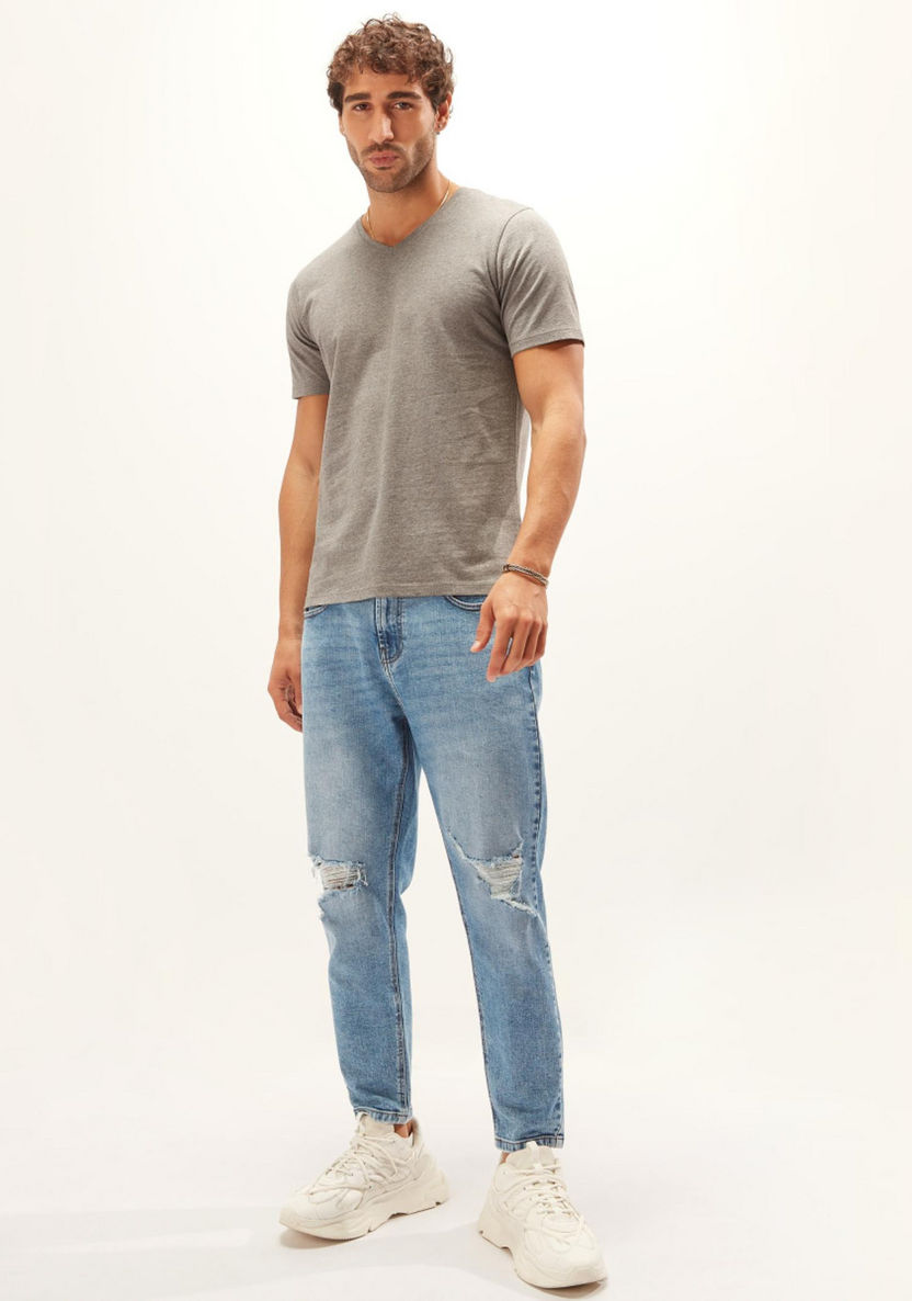 Solid T-shirt with V-neck and Short Sleeves-T Shirts-image-2