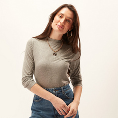 Solid High Neck T-shirt with Long Sleeves