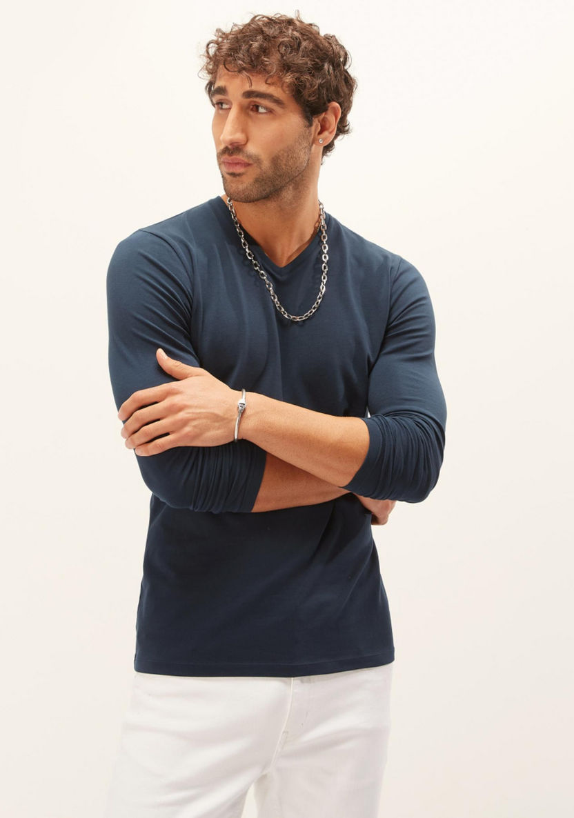 Plain T-shirt with V-neck and Long Sleeves-T Shirts-image-1