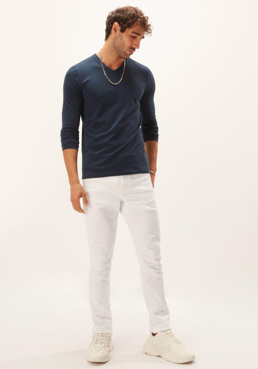 Plain T-shirt with V-neck and Long Sleeves-T Shirts-image-2
