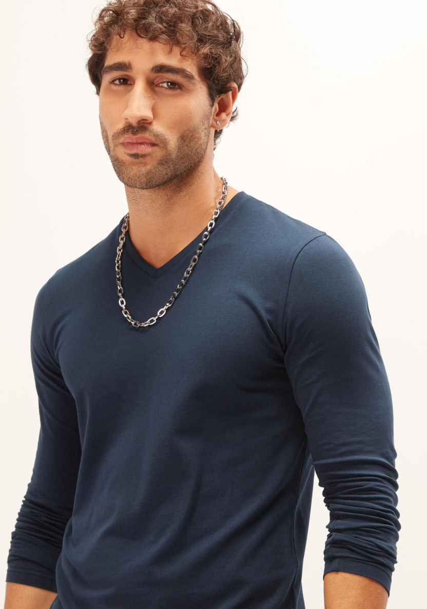 Plain T-shirt with V-neck and Long Sleeves-T Shirts-image-4