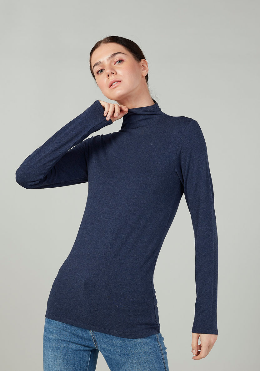 Plain Top with High Neck and Long Sleeves-T Shirts-image-0