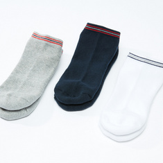 Textured Ankle Length Socks with Striped Cuffs - Set of 3