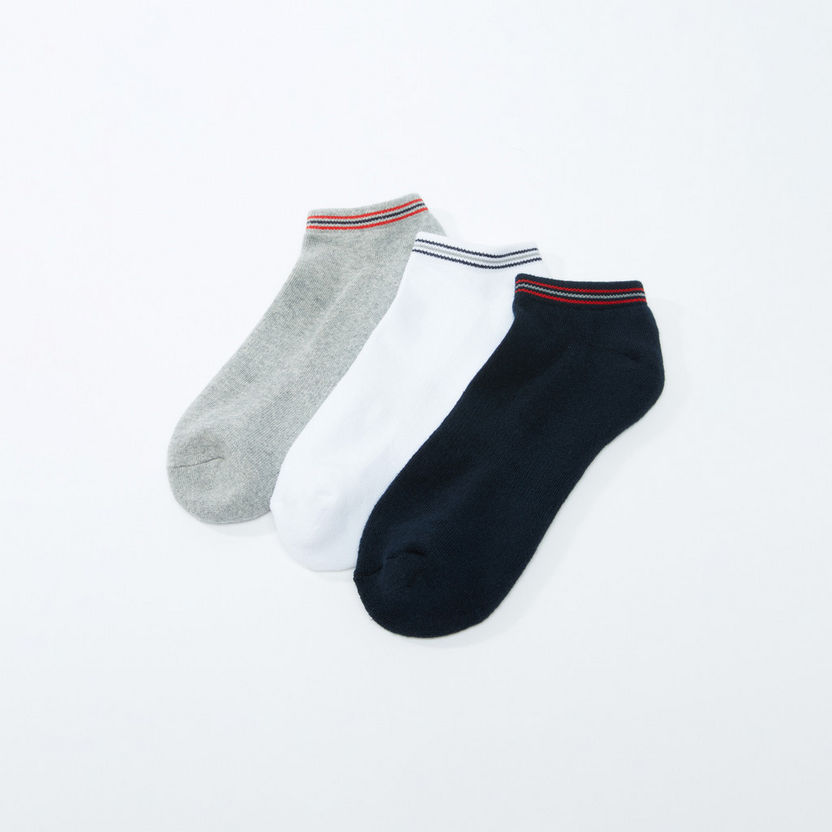 Textured Ankle Length Socks with Striped Cuffs - Set of 3-Socks-image-1