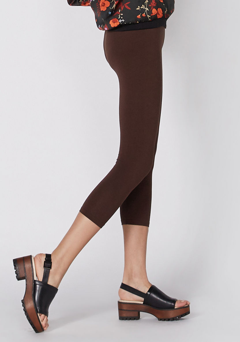 Solid Cropped Leggings with Elasticised Waistband-Leggings-image-2
