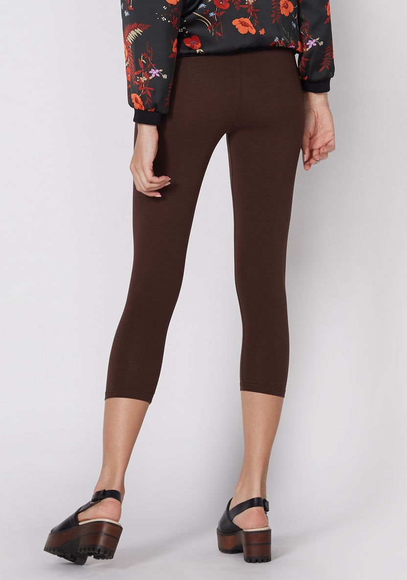 Solid Cropped Leggings with Elasticised Waistband-Leggings-image-3