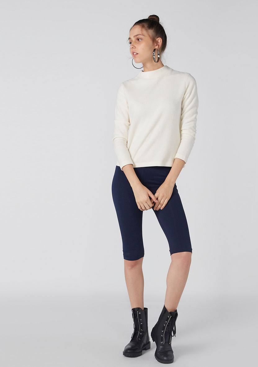 Solid Cropped Leggings with Elasticised Waistband-Leggings-image-2