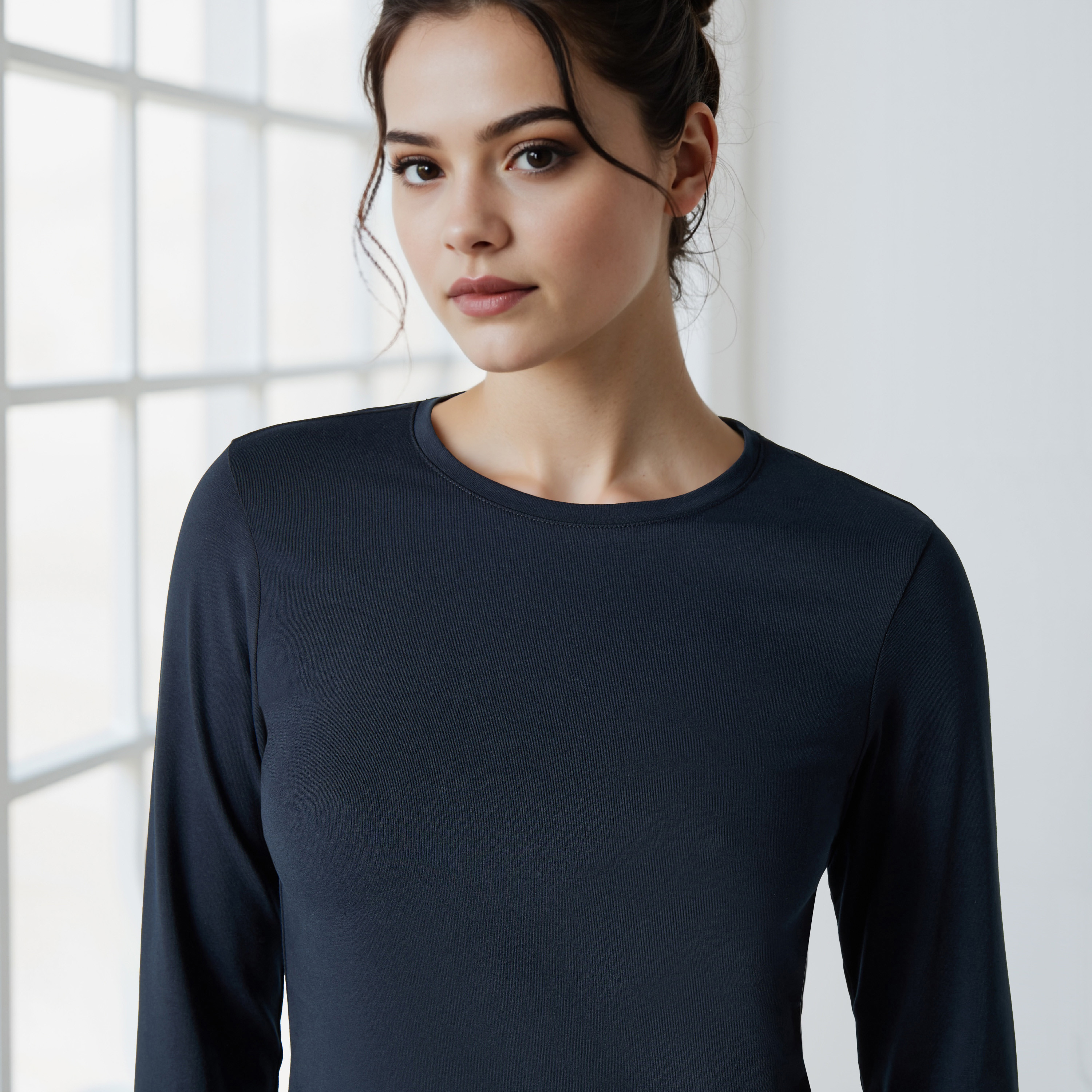 Plain Round Neck T-shirt with Long Sleeves-women-clothing-tshirts-image-4