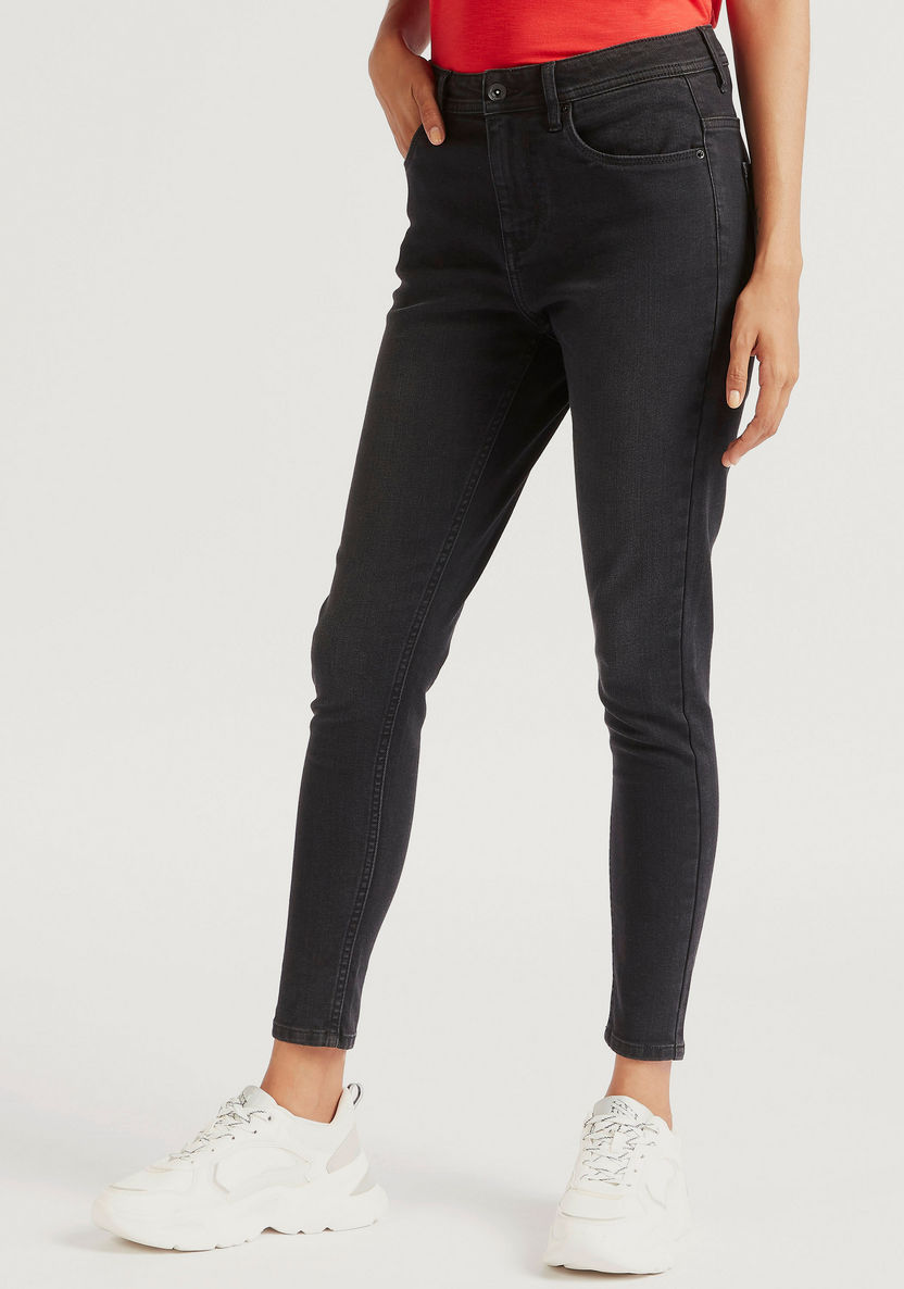Solid Mid-Rise Denim Jeans with Pockets and Button Closure-Jeans-image-0