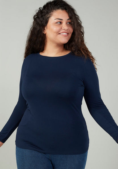 Plus Size Plain T-shirt with Round Neck and Long Sleeves-T Shirts-image-0